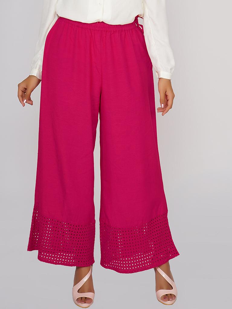 Schiffli Cutwork Embroidered Hem Palazzo Pants - Indiakreations