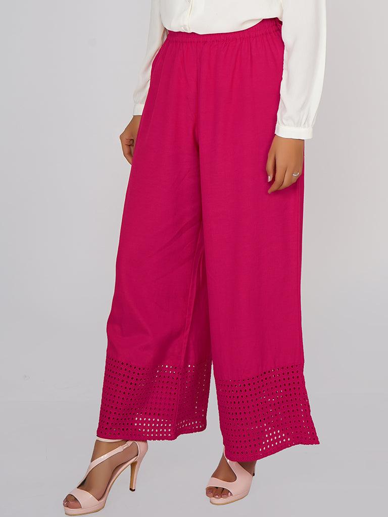 Schiffli Cutwork Embroidered Hem Palazzo Pants - Indiakreations