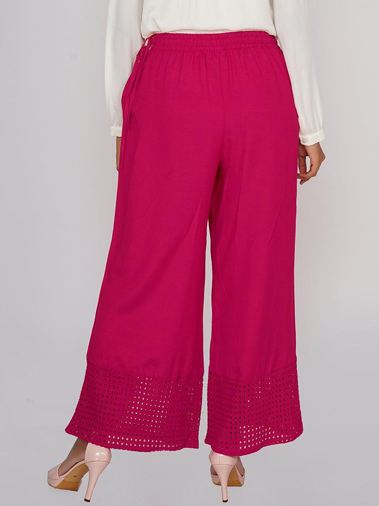 Schiffli Cutwork Embroidered Hem Palazzo Pants - Indiakreations