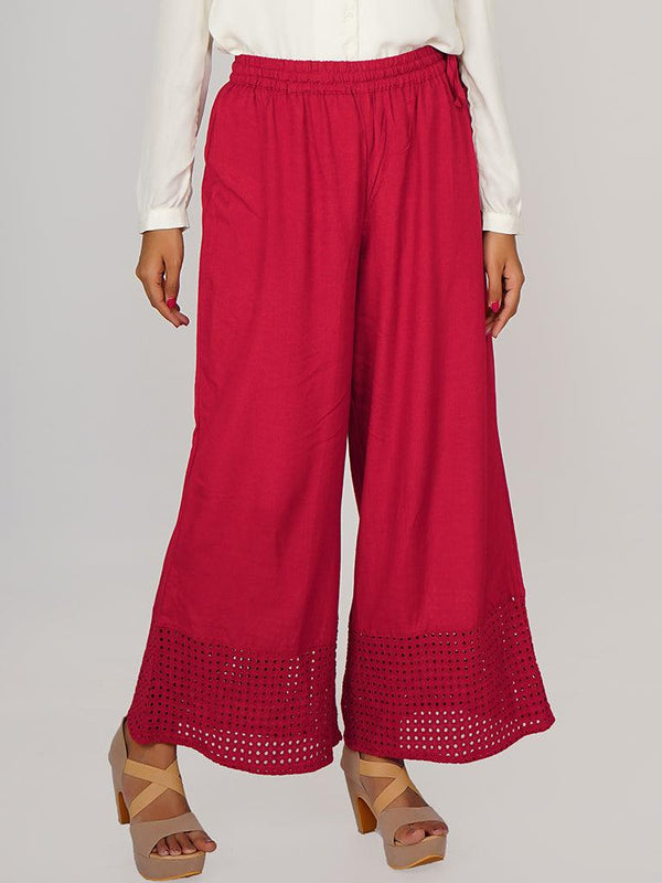 Hakoba Cutwork Embroidered Hem Palazzo Pants - Dark Red - Indiakreations