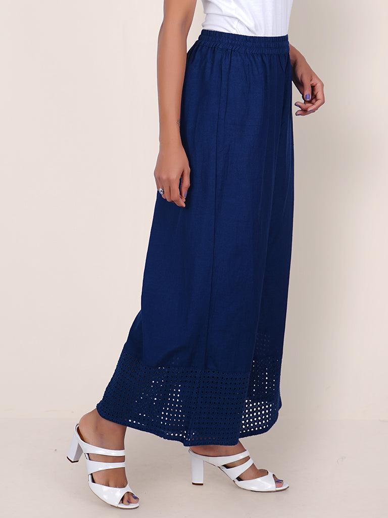 Resham Hakoba Cutwork Cotton Palazzo Pants – Royal Blue - Indiakreations