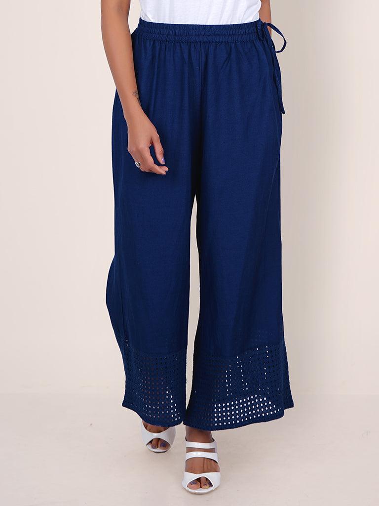 Resham Hakoba Cutwork Cotton Palazzo Pants – Royal Blue - Indiakreations