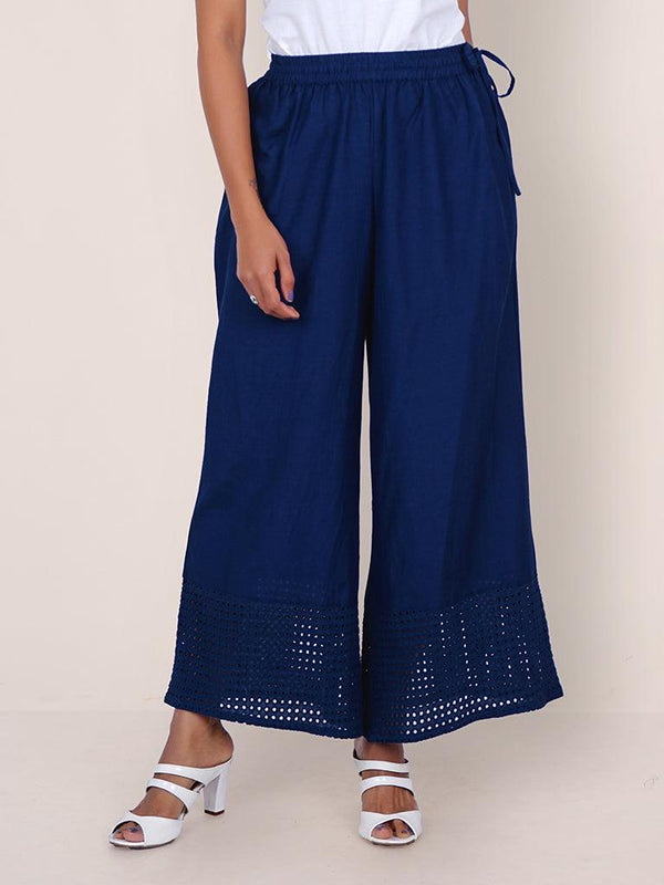 Resham Hakoba Cutwork Cotton Palazzo Pants – Royal Blue - Indiakreations