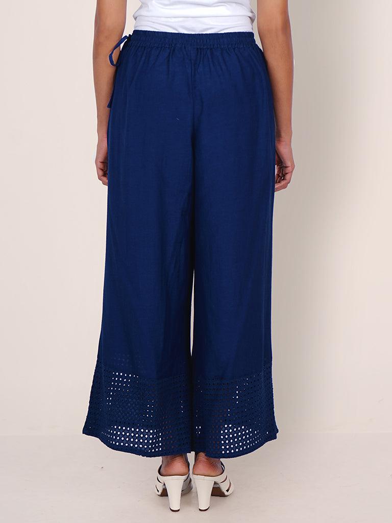 Resham Hakoba Cutwork Cotton Palazzo Pants – Royal Blue - Indiakreations