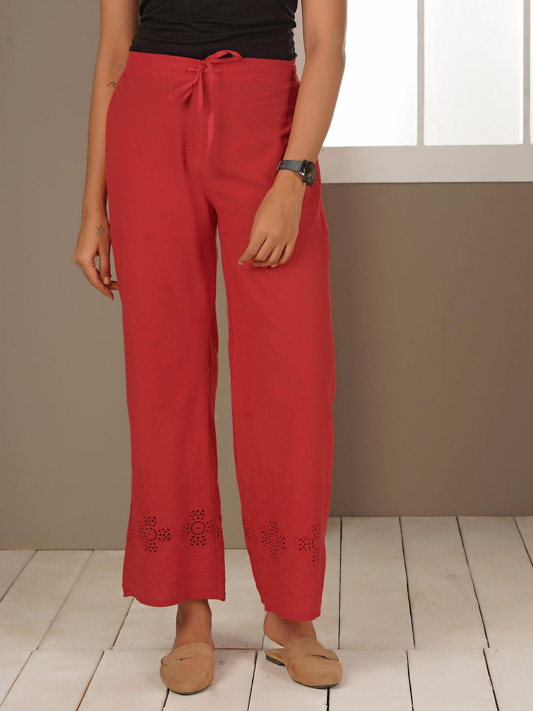 Floral Embroidered Schiffli Palazzo Pants - Red - Indiakreations