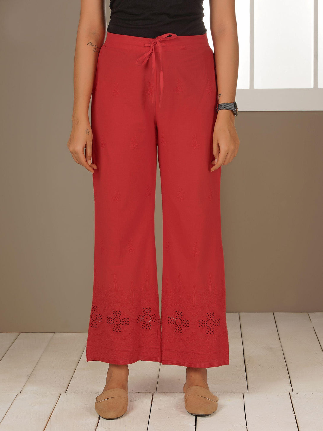 Floral Embroidered Schiffli Palazzo Pants - Red - Indiakreations