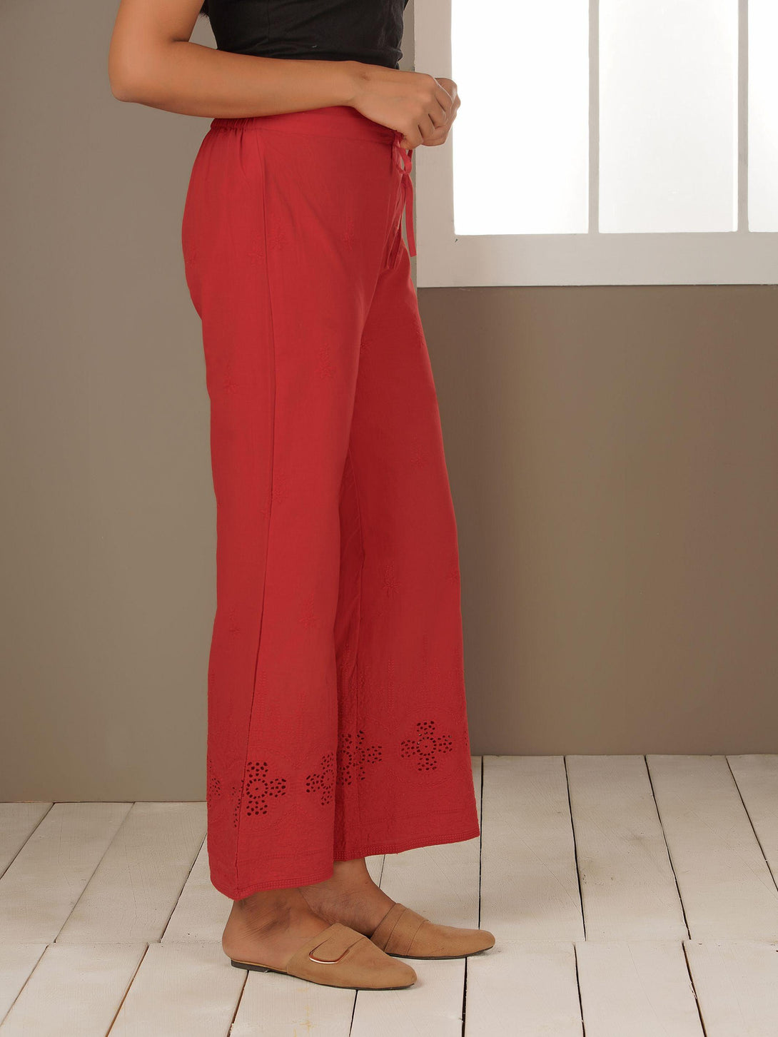 Floral Embroidered Schiffli Palazzo Pants - Red - Indiakreations