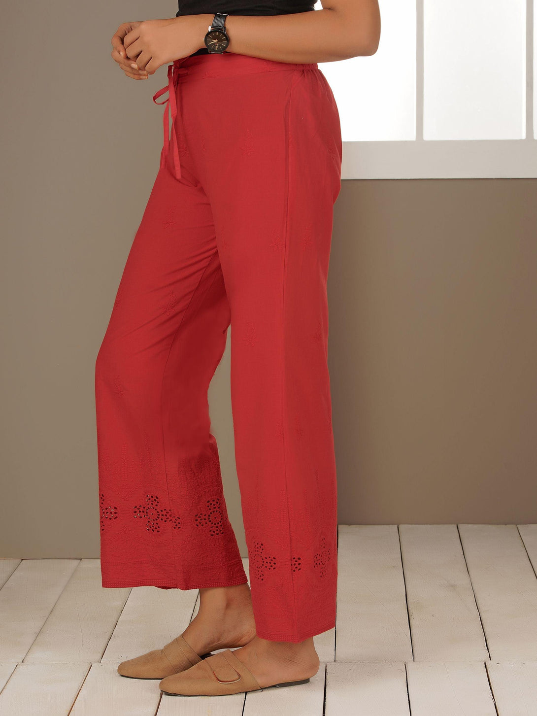 Floral Embroidered Schiffli Palazzo Pants - Red - Indiakreations