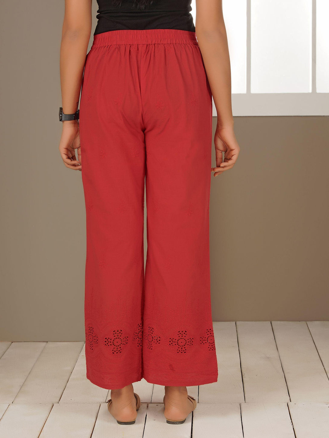 Floral Embroidered Schiffli Palazzo Pants - Red - Indiakreations