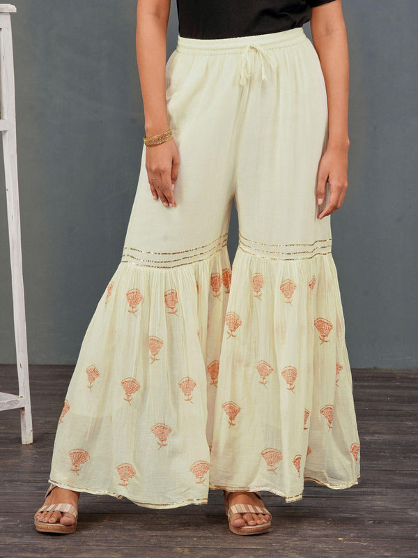 Floral Embroidered & Gota Laced Sharara– Off-White - Indiakreations