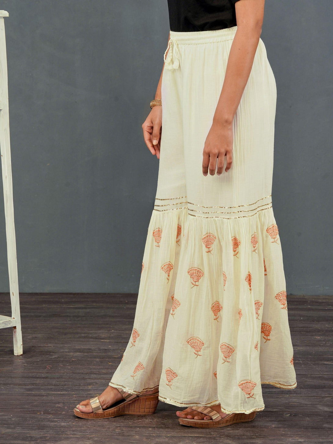 Floral Embroidered & Gota Laced Sharara– Off-White - Indiakreations