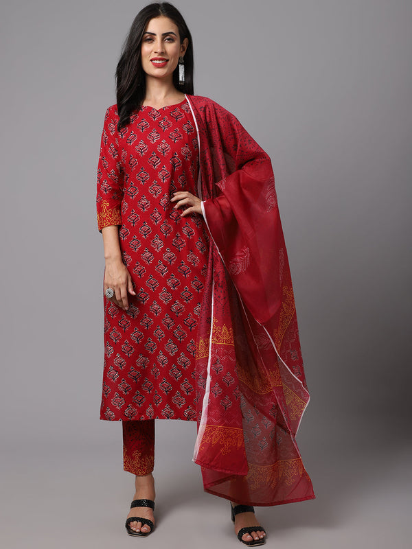 Women's Maroon Color Block Printed Kurta and Pant Set with Dupatta  - AILISH