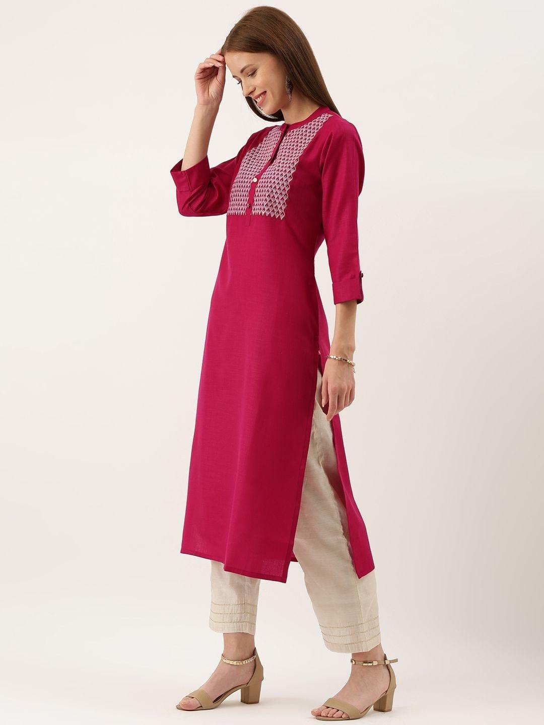 Women Pink & Silver-Toned Embroidered Straight Kurta - Indiakreations