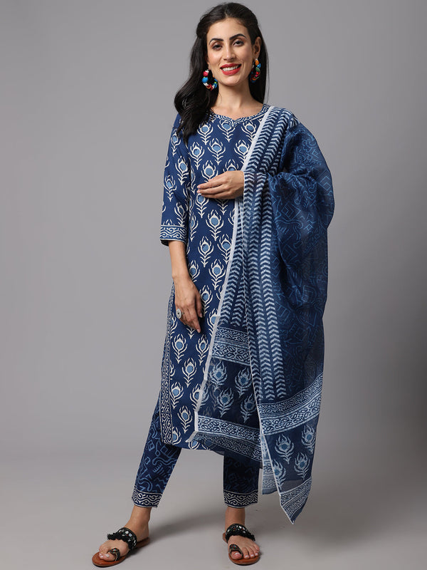 Women's Blue  Color Block Printed Kurta and Pant Set with Dupatta  - AILISH