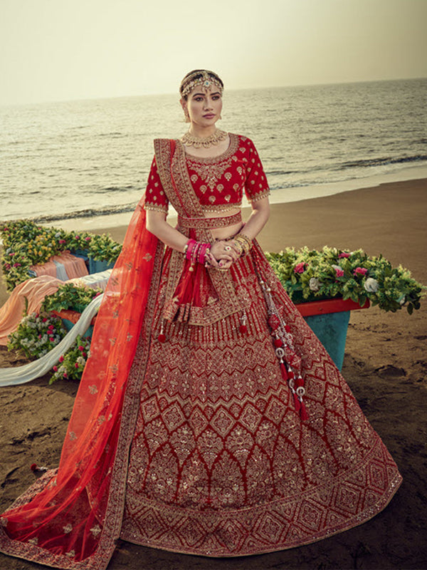 Ravishing Red Color Velvet Lehenga Choli With Golden Detailing All Over