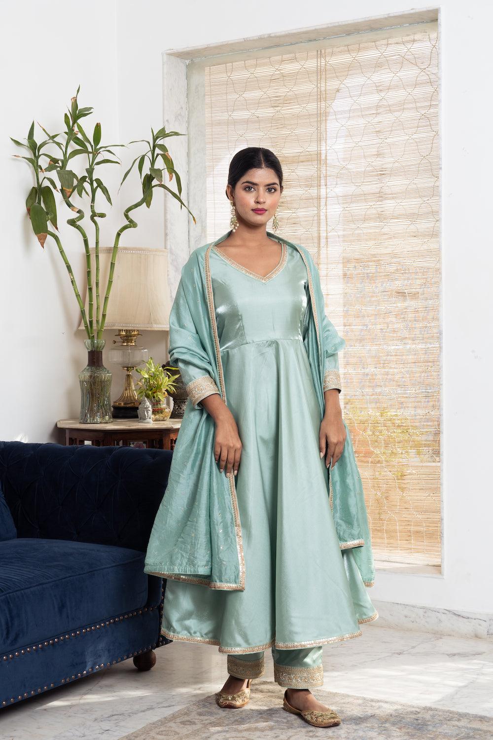 Khwabidah Pista Green Silk Anarkali Set of 3 - Indiakreations