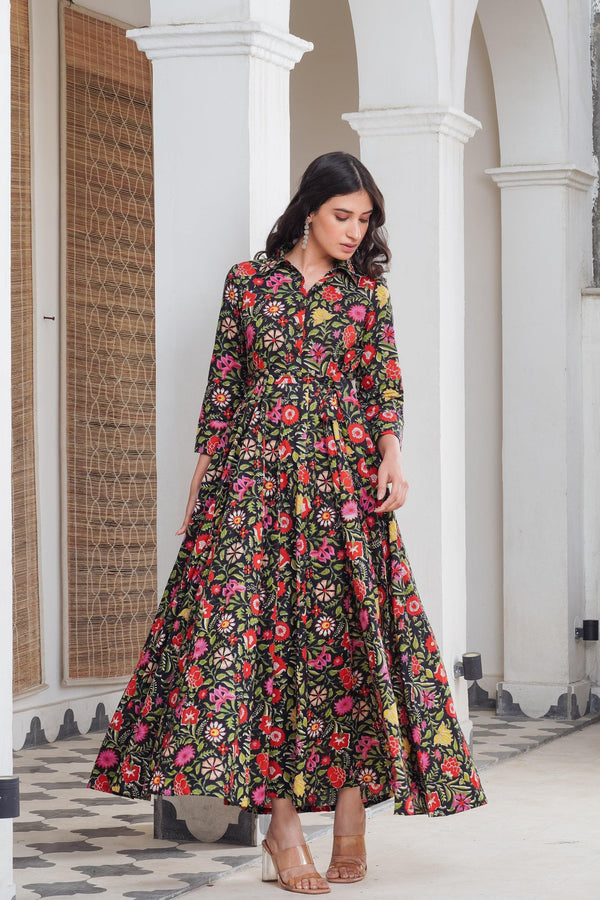 Black multicoloured shirt collar Maxi - Indiakreations