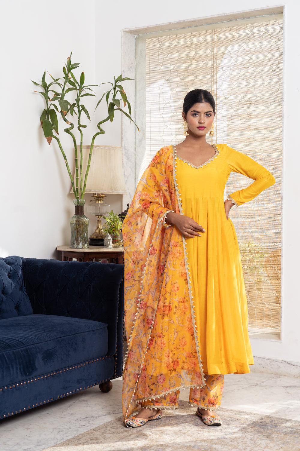 Khwabidah Yellow Anarkali with floral dupatta Set of 3 - Indiakreations