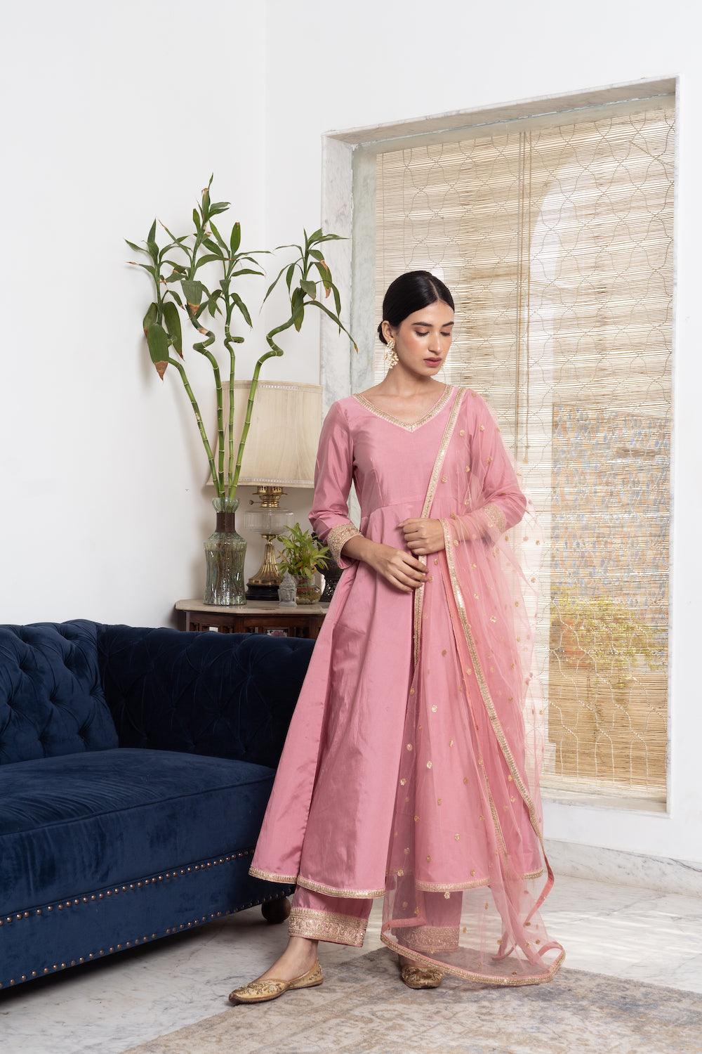 Khwabidah Baby Pink Anarkali Set of 3 - Indiakreations