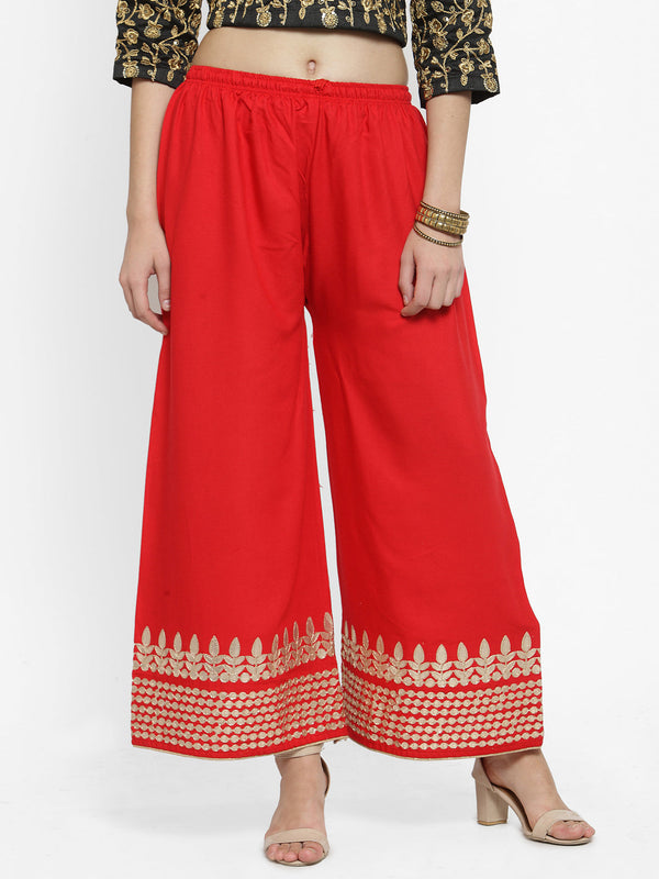 Women's Red Gotta Patti Rayon Palazzo - Wahe-NOOR