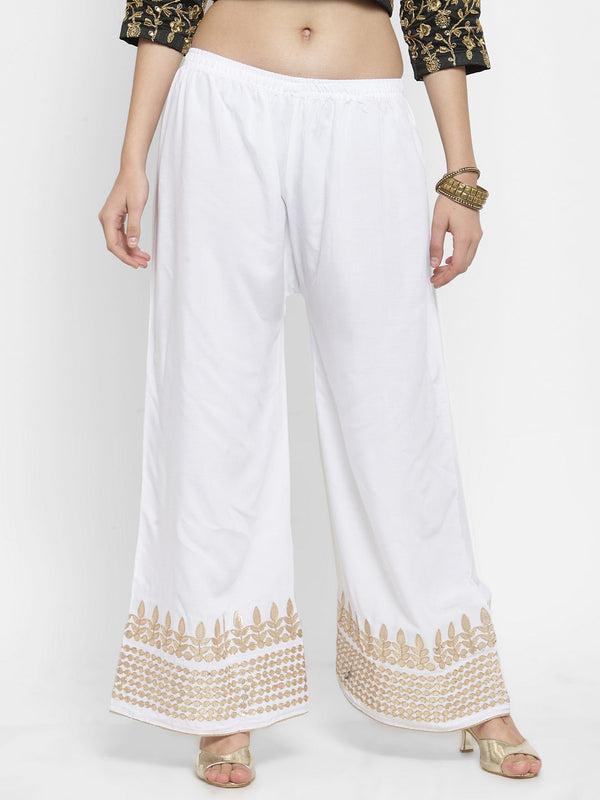 Women's White Gotta Patti Rayon Palazzo - Wahe-NOOR