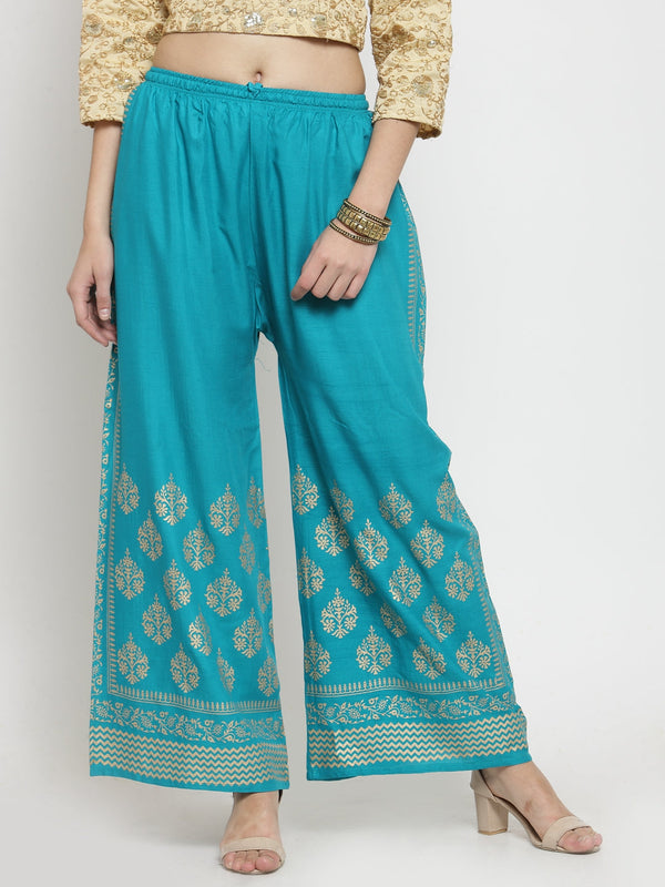 Women's Turquoise Printed Rayon Palazzo - Wahe-NOOR