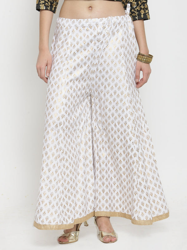 Women's White Printed Rayon Sharara - Wahe-NOOR