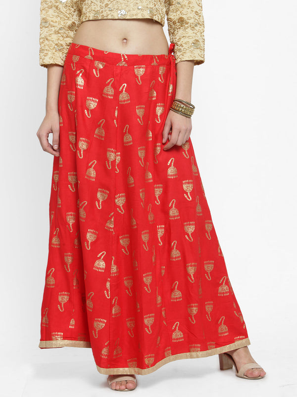 Women's Red Printed Maxi Skirt - Wahe-NOOR