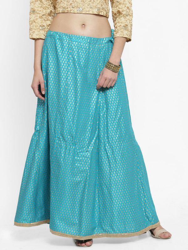 Women's Turquoise Printed Rayon Maxi Skirt - Wahe-NOOR