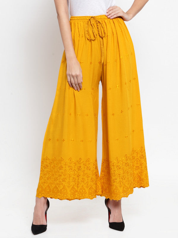 Women's Mustard Chikankari Rayon Sharara - Wahe-NOOR