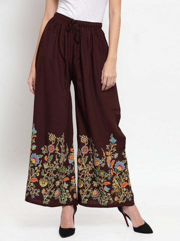 Women's Coffee Flower Printed Rayon Palazzo - Wahe-NOOR