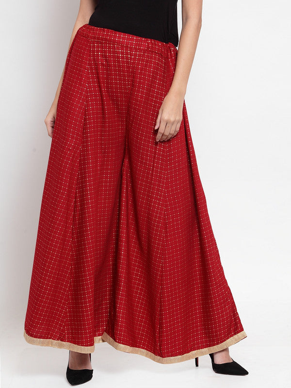 Women's Maroon Printed Rayon Check Sharara - Wahe-NOOR