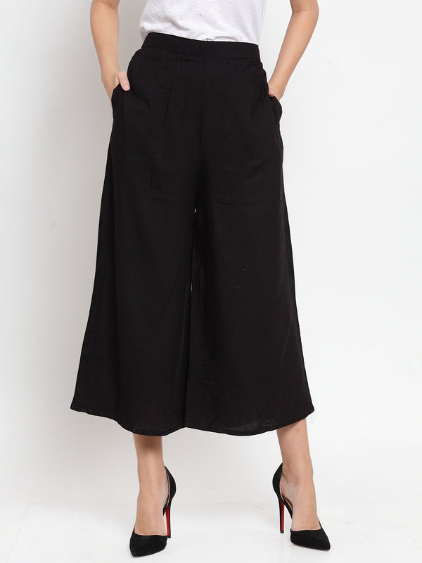 Women's Black Solid Rayon Culottes - Wahe-NOOR