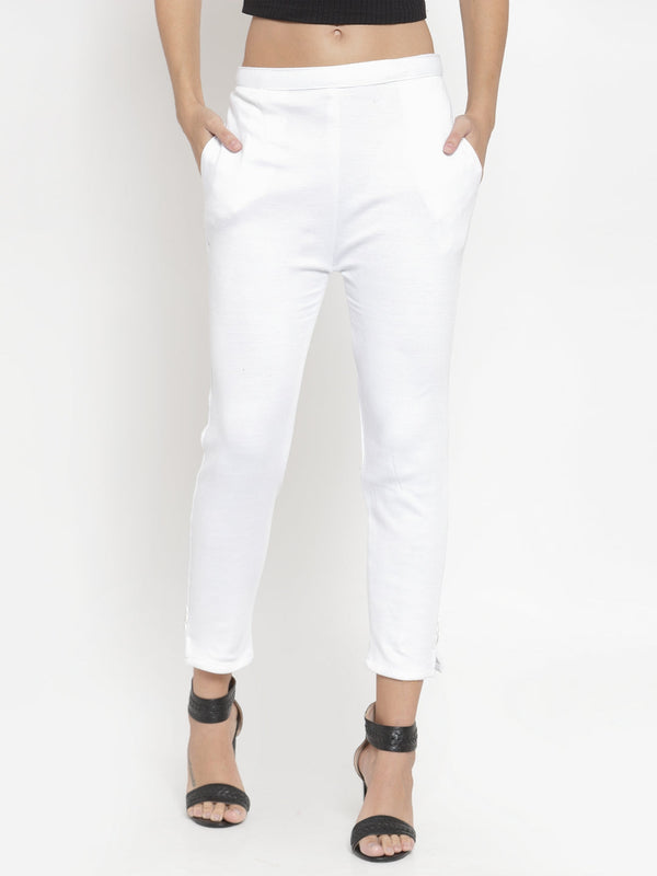 Women's White Woolen Pencil Pant - Wahe-NOOR