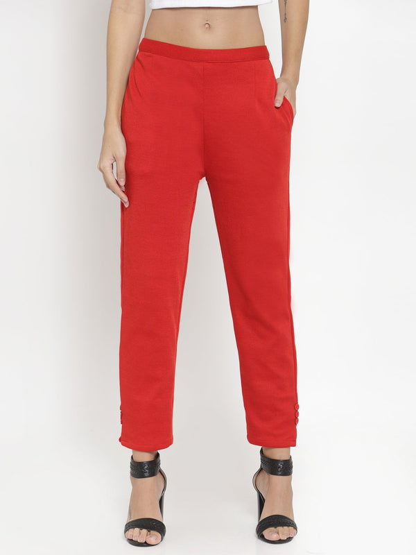 Women's Red Woolen Pencil Pant - Wahe-NOOR