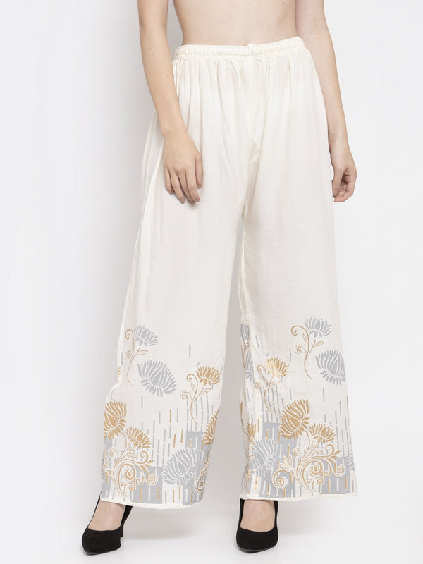 Women's Cream Printed Rayon Palazzo - Wahe-NOOR