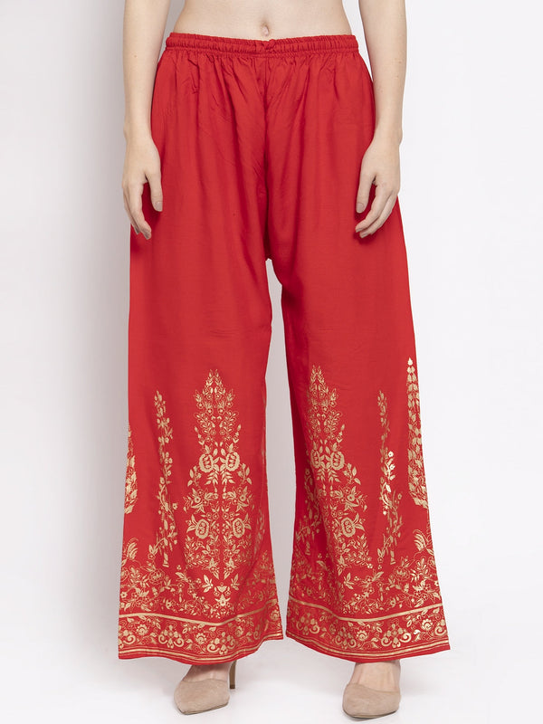 Women's Red Straight Printed Rayon Palazzo - Wahe-NOOR