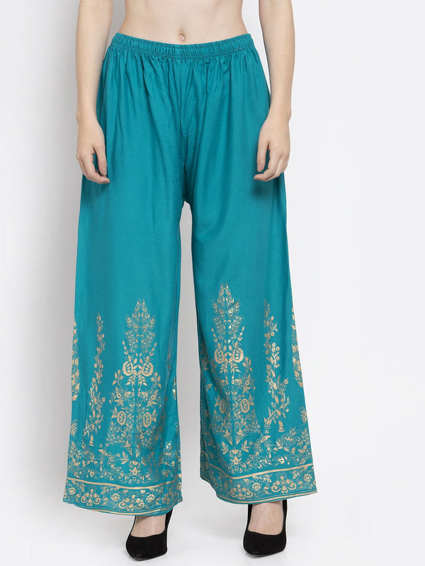 Women's Turquoise Straight Printed Rayon Palazzo - Wahe-NOOR