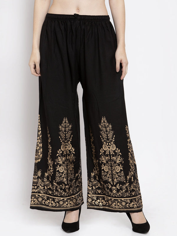 Women's Black Straight Printed Rayon Palazzo - Wahe-NOOR