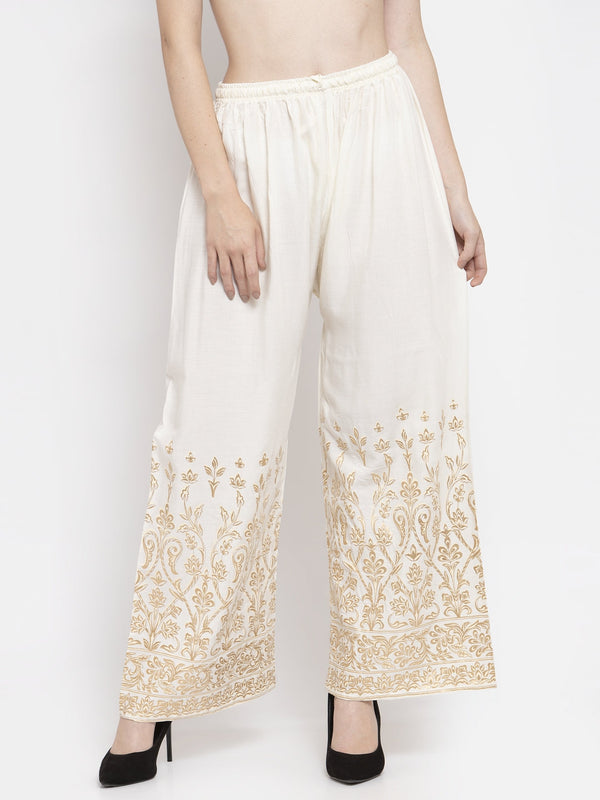 Women's Cream Rayon Printed Palazzo - Wahe-NOOR