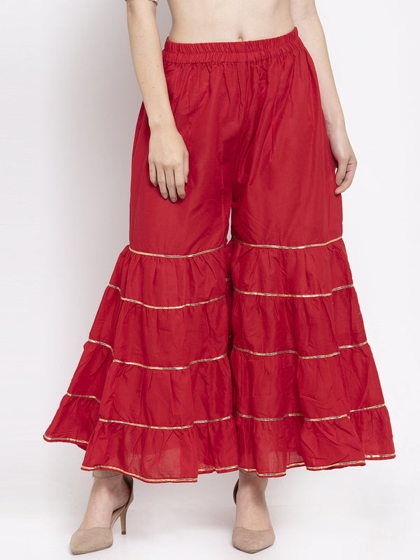 Women's Red Gotta Patti Cotton Gharara - Wahe-NOOR