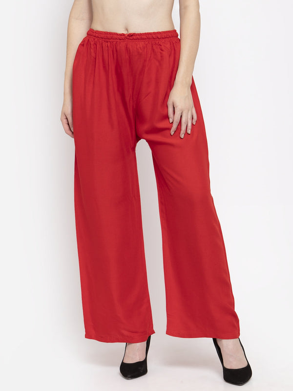 Women's Red Solid Rayon Palazzo - Wahe-NOOR