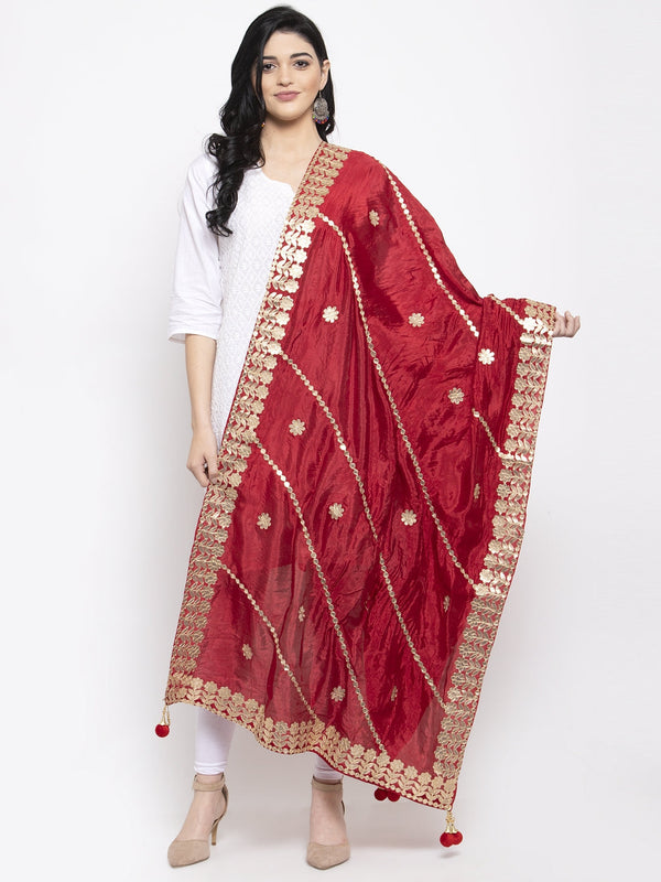 Women's Maroon Gotta Patti Poly Silk Dupatta - Wahe-NOOR