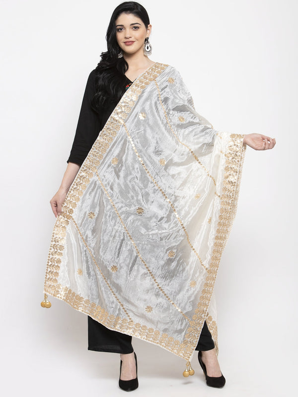 Women's White Gotta Patti Poly Silk Dupatta - Wahe-NOOR