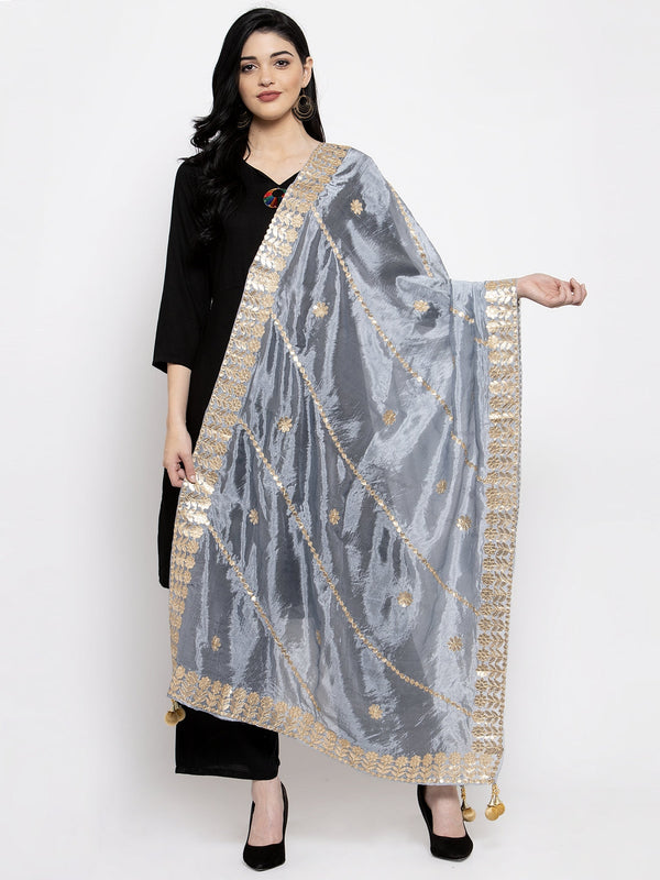 Women's Grey Gotta Patti Poly Silk Dupatta - Wahe-NOOR