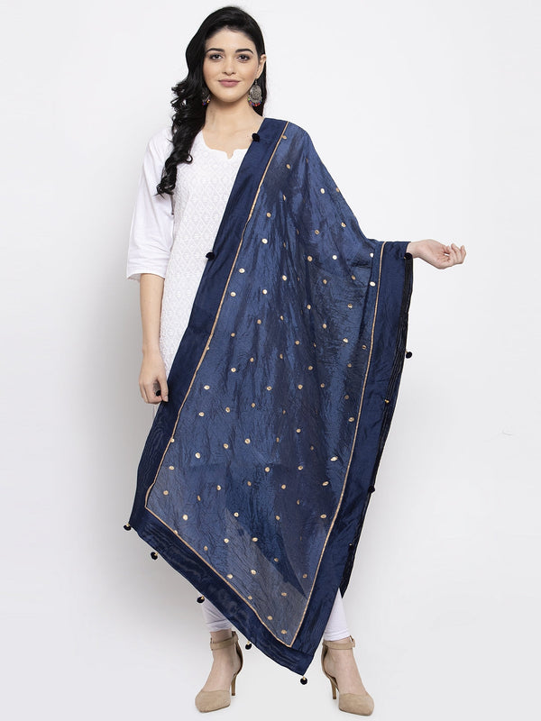 Women's Navy Blue Polka Dots Poly Silk Dupatta - Wahe-NOOR