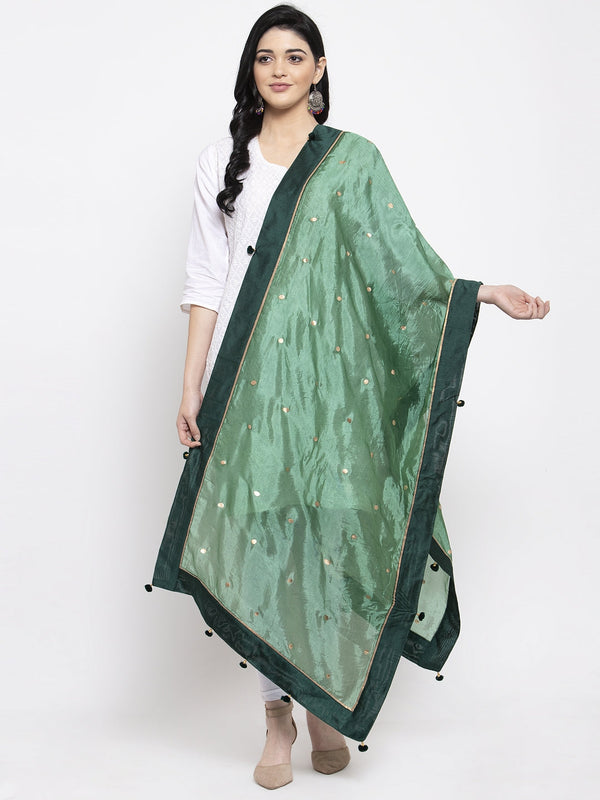 Women's Green Polka Dots Poly Silk Dupatta - Wahe-NOOR