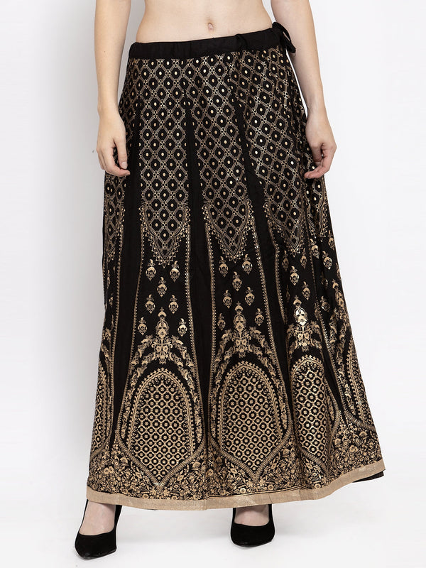 Women's Black Printed Flared Rayon Skirt - Wahe-NOOR