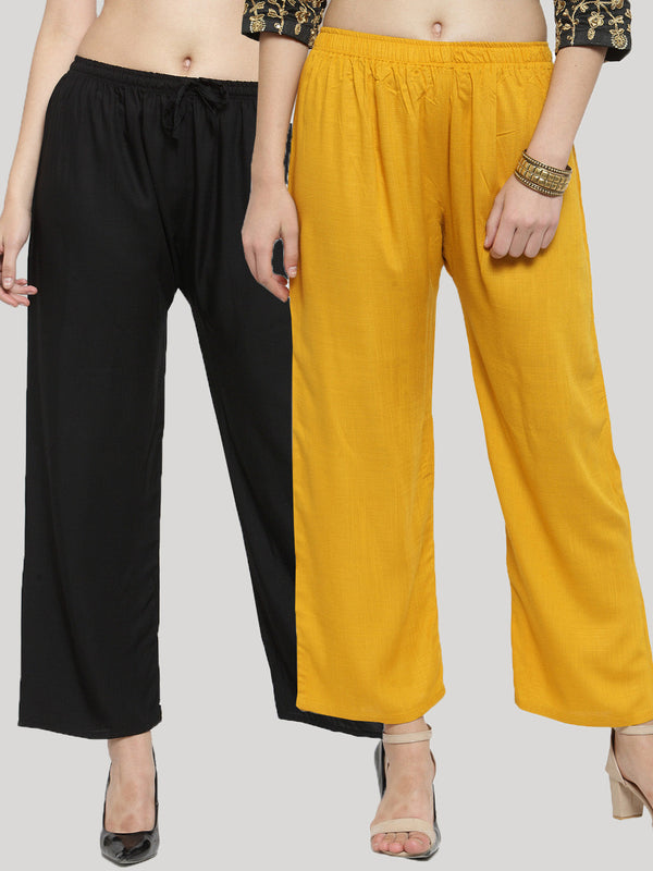 Women's Solid Black & Mustard Rayon Palazzo (Pack Of 2) - Wahe-NOOR