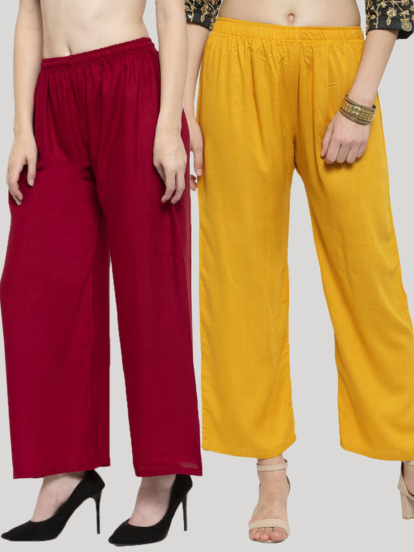 Women's Solid Mustard & Maroon Rayon Palazzo (Pack Of 2) - Wahe-NOOR